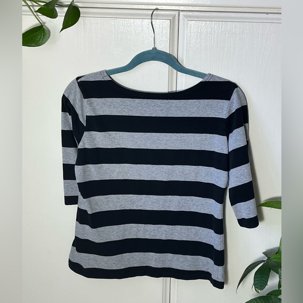 Allegra K Womens Small Black and Gray Striped Boat Neck 3/4 Sleeve Slim Fit Top - Picture 2 of 5